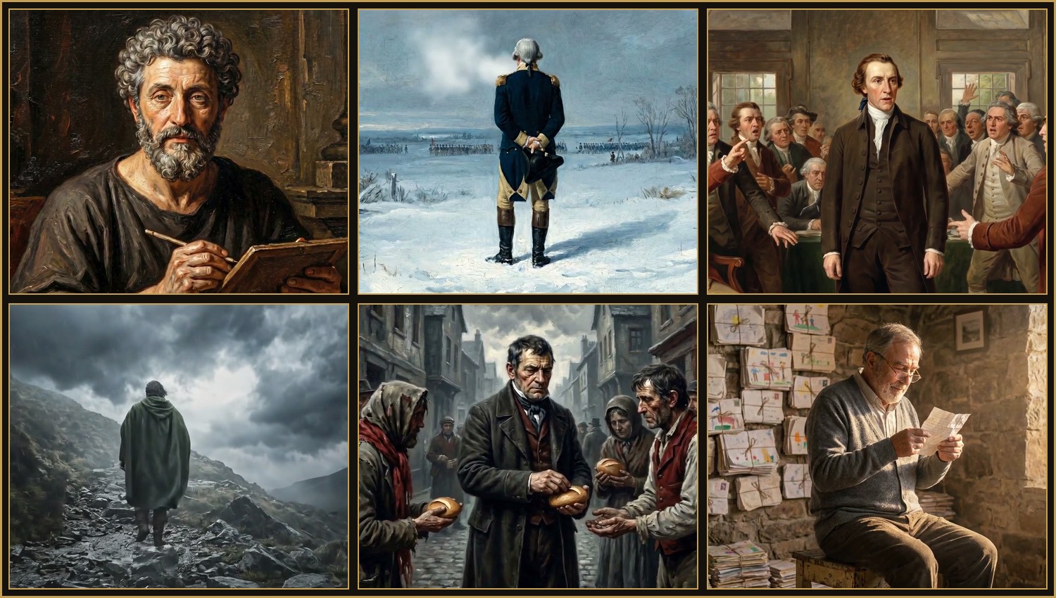 The six men of the Field Guide — Marcus Aurelius, George Washington, Patrick Henry, Aragorn, Jean Valjean, and Fred Rogers